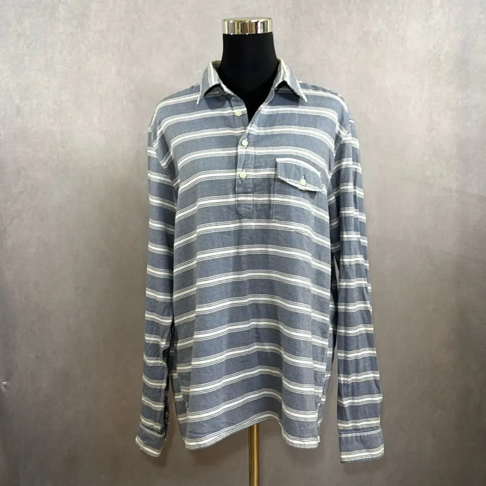 J. Crew Work Shirt | Blue White Striped Twill Rugby Camp Shirt | Size L